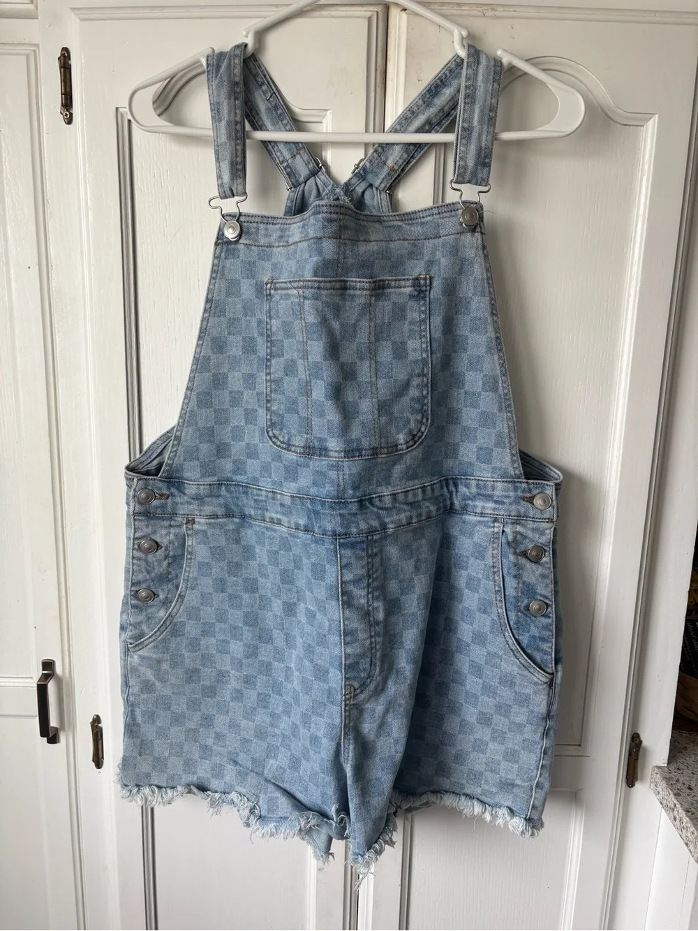 No Boundaries Light Blue Denim Overalls with Pink Logo Patch